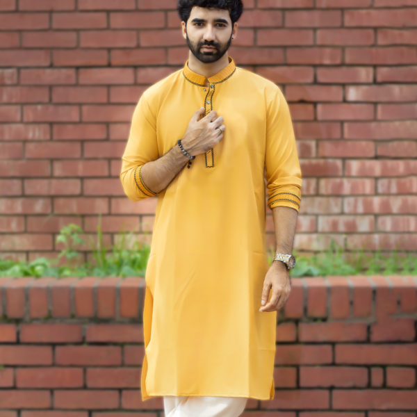 মাস্টার্ড ইয়েলো কালার মাইক্রোস্টিজ এমব্রয়ডারি লাক্সারি পাঞ্জাবি